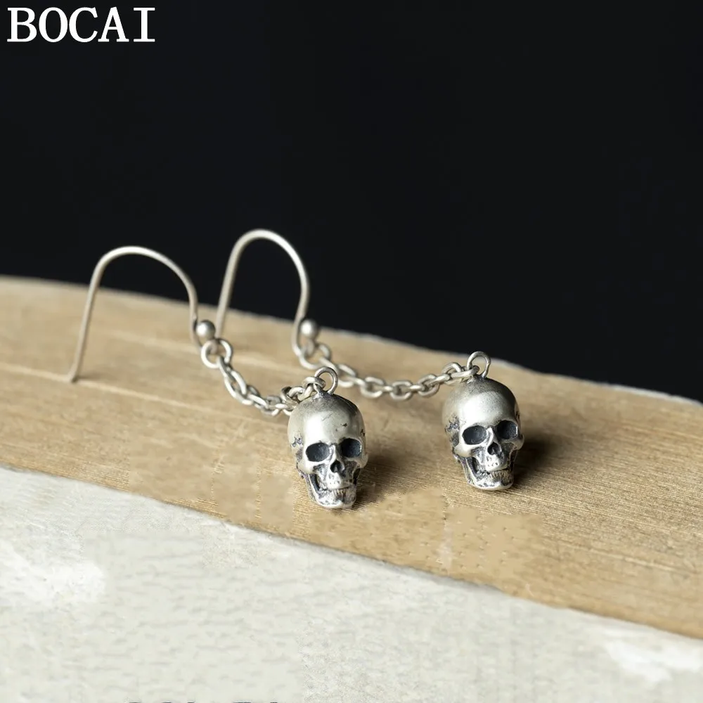 

BOCAI NEW S925 Sterling Silver Retro Personality Punk Dark Style Skull Earrings