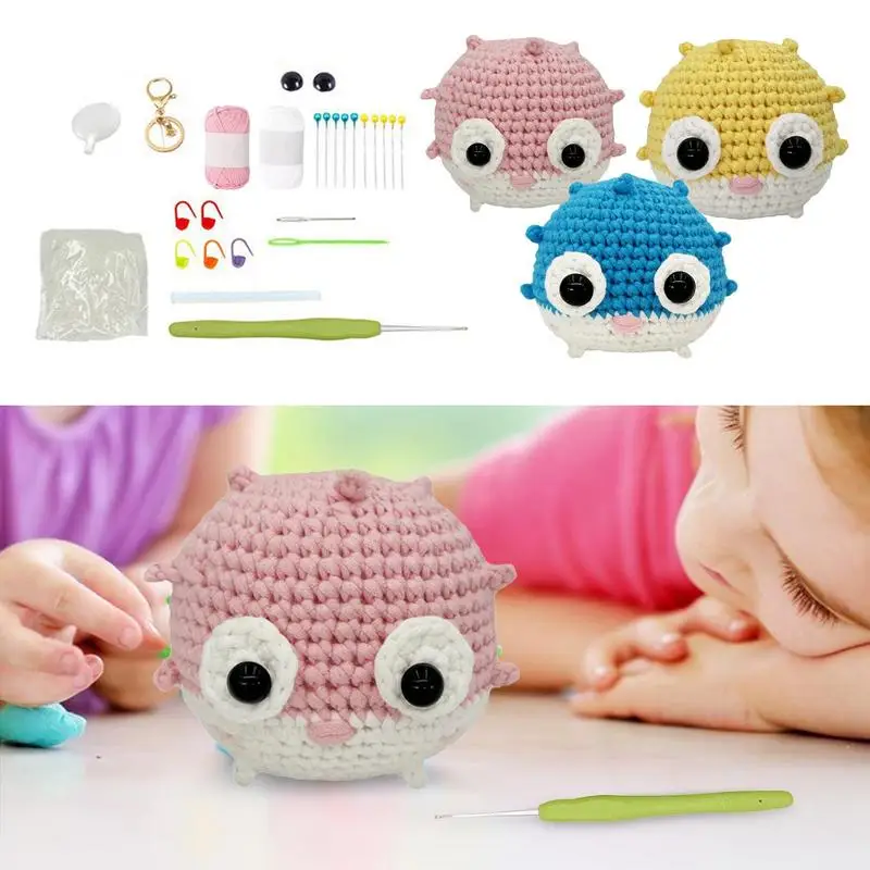 Kit de ganchillo Puffer, juego de aprendizaje de ganchillo de peces coloridos, juego de costura de animales adorables, conjunto de arte y artesanía para hombres y mujeres