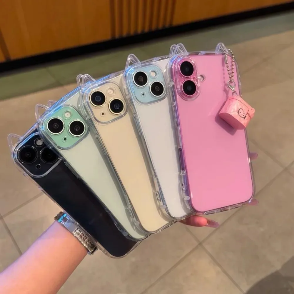 Coque de téléphone antichoc en TPU souple avec oreilles de chat 3D transparentes et mignonnes pour iPhone 17 Air 16 E 15 14 13 12 11 Pro Max Mini 17 Pro