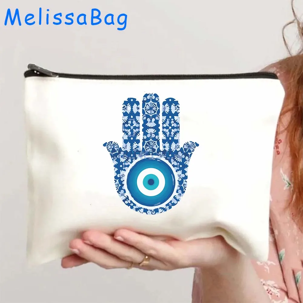 Greek Turkish Colorful Nazar Blue Evil Eye Hamsa Hand Girl Amulet GREECE Canvas Bag Cosmetic Makeup Bag Pencil Case Zipper Pouch