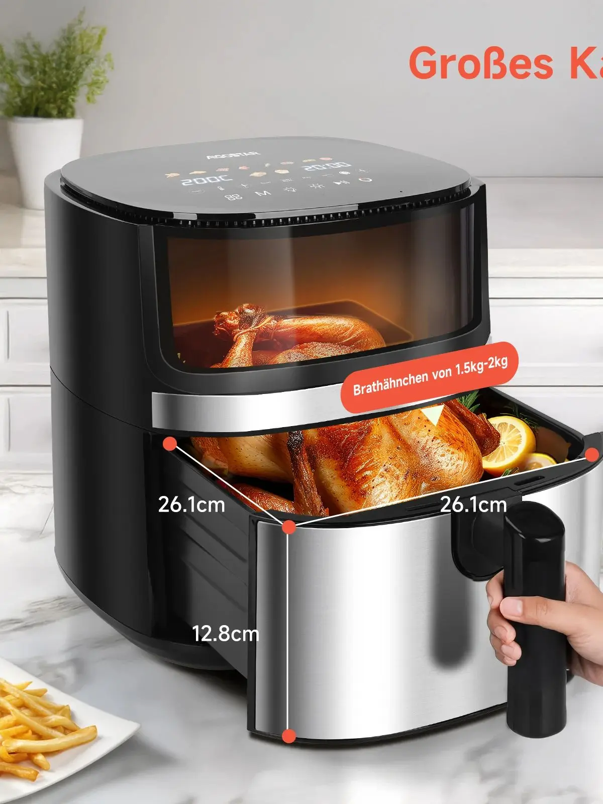 Aigostar Dual Blaze™ Heißluftfritteuse XXL, 8L Air Fryer 2000W mit Sichtfenster, 10 Programme, 3 Kochfunktionen, EvenlyCook, Sichtfenster, Digitalem Led Touchscreen, Spülmaschinenfeste Körbe