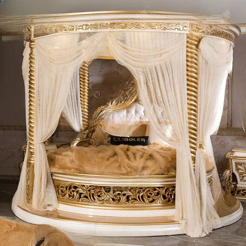 Villa, palace, European style solid wood round bed,French luxury carved bed, princess double marriage bed, high-end