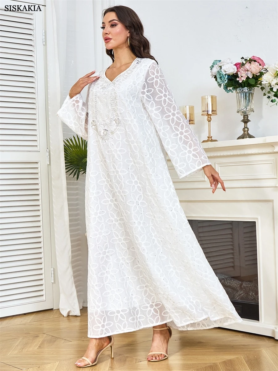 

Siskakia Дубай Элегантное лоскутное платье с блестками Мусульманское жаккардовое длинное платье Абая с v-образным вырезом Скромные