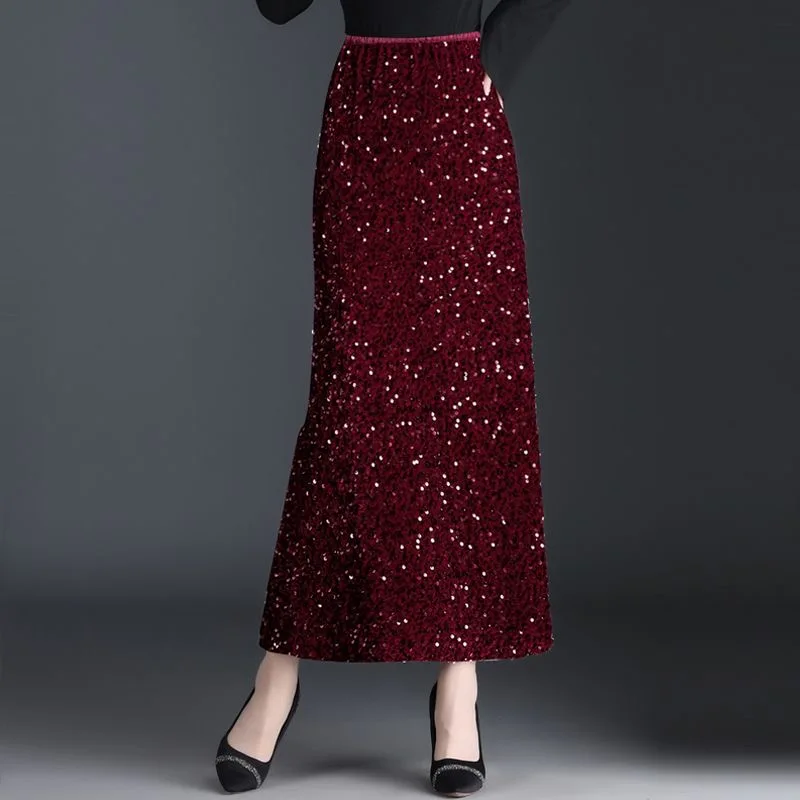 

2024 Spring Fall Women High Waisted Sequined Wine Red Black Placket Long Skirt , Woman Fashion Slim Glitter Bling Bling Skirts