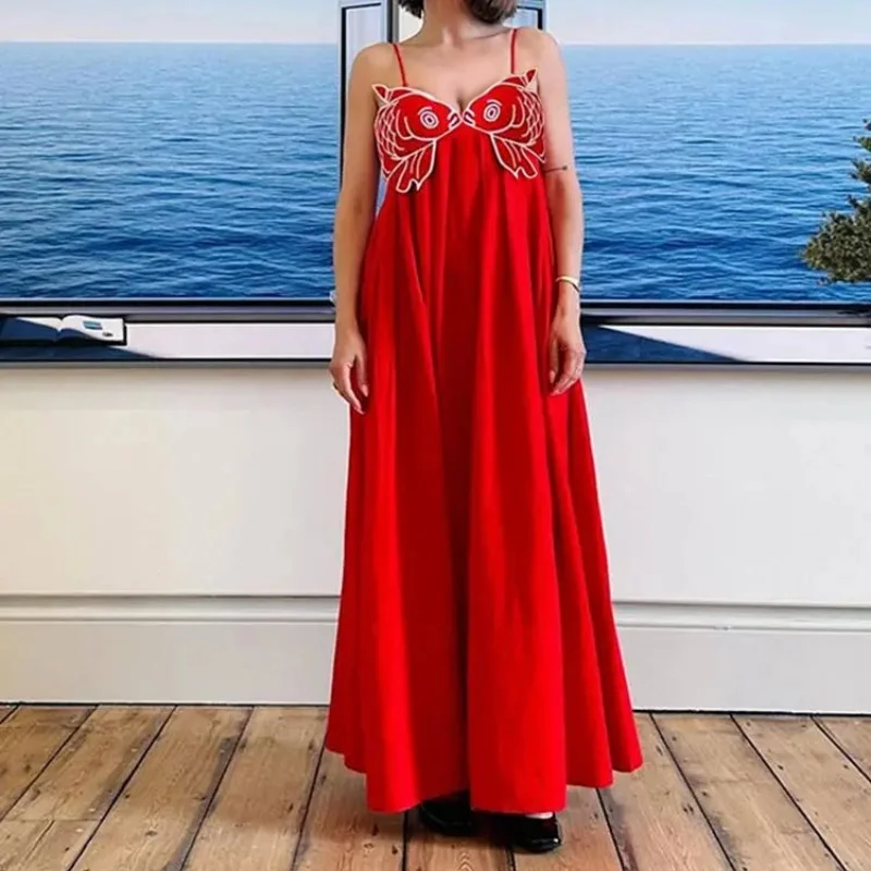 สตรี Y2K ปลา Koi Cami ชุด 3D ปลาแขนกุดเอวสูงชุดเดรสยาวอินเทรนด์ออกไป Sundress Streetwear