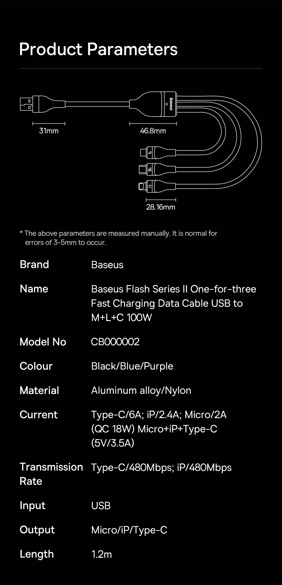 Cable USB Tipo C 3 en 1 Baseus, Cable de Carga Rápida de 100W para Honor 50 Pro, Cargador para Teléfono Xiaomi Samsung, 