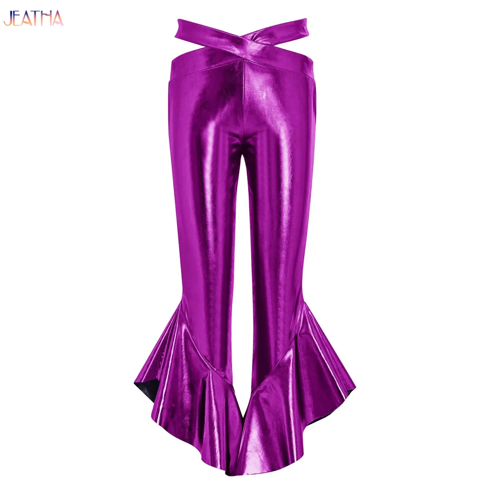 

Kids Girls Metallic Dance Flared Pants Elastic Waistband Shiny Trousers for Modern Hip Hop Street Dancewear Jazz Dance Costumes