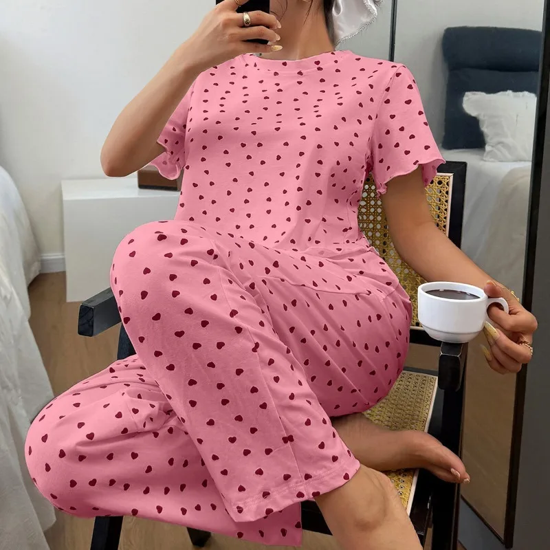 

2pcs Set Women's Cotton Pajama Set Heart Print Fashion Casual Short Sleeve Long Pants Homewear Loungewear