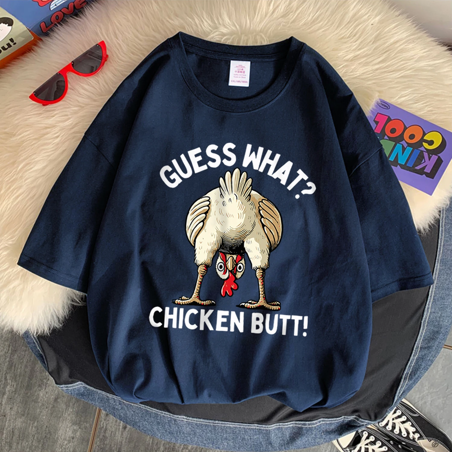 Guess What Chicken Butt Cotton Womens T-Shirts Cartoons Printing T Shirts Oversize O-Neck Soft Tops Street Casual Woman Clothes