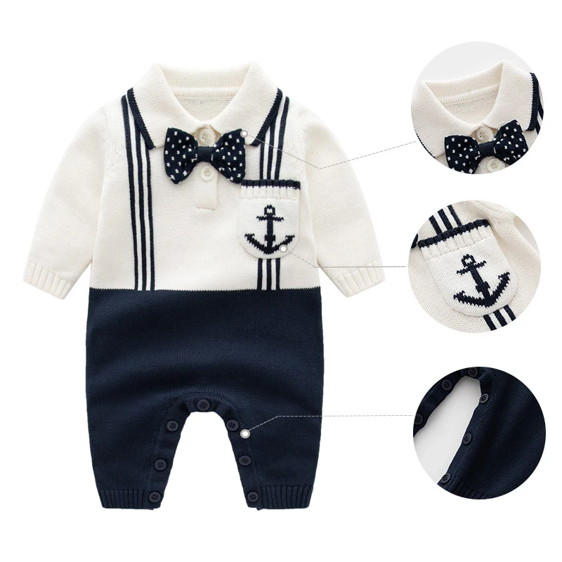 

Комбинезоны для маленьких мальчиков 0-1 года, весенне-осенние лоскутные комбинезоны с бантом и аппликацией для маленьких мальчиков, вязаные комбинезоны с отложным воротником, боди для новорожденных мальчиков