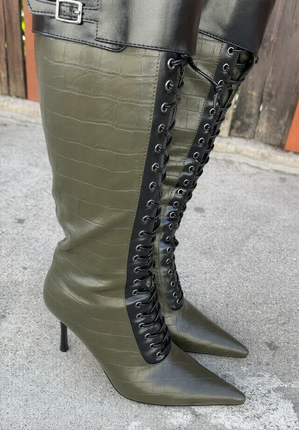 Designer Embossed Print Faux Leather Tall Boots Thin Stiletto Heel Point Toe Cut-out Laces Design Metal Buckle Details