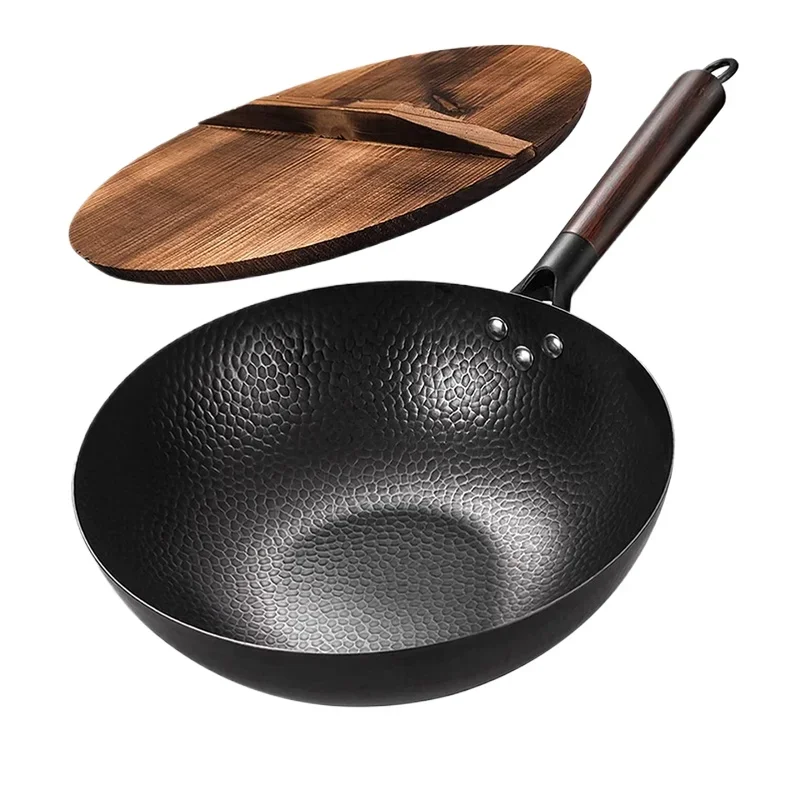 

Iron Wok Traditional 12.5" Carbon Steel Wok Non-stick Pan Woks and Stir Fry Pans with lid Kitchen Cookwar for All Stoves