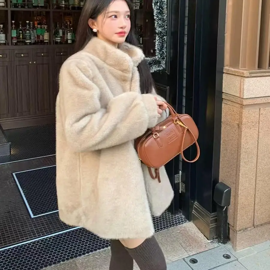 معطف فرو نسائي لربيع وخريف وشتاء ثينيد طويل Sve بياقة واقفة شارع Sle متوسط الطول فضفاض مناسب معطف فرو كامل