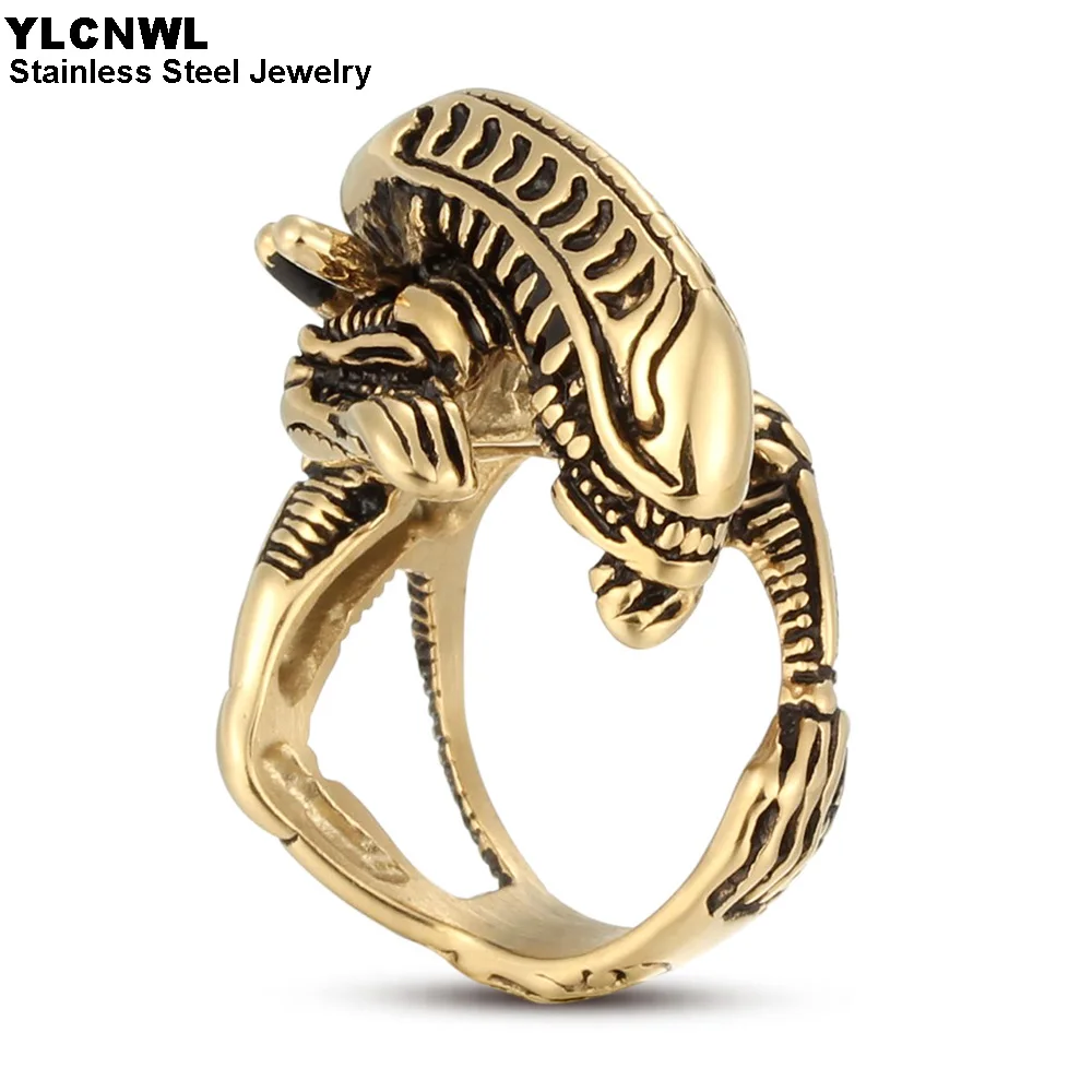 Stainless Steel Biker Rings For Men Silver Gold Color Predator Alien Male Punk Jewelry Halloween Party Gift