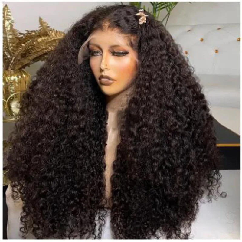 Perruque Lace Front Wig crépue bouclée sans colle pour femmes, cheveux de bébé, douce, longue, noire naturelle, densité 180, préplumée, degré de chaleur, 03/26