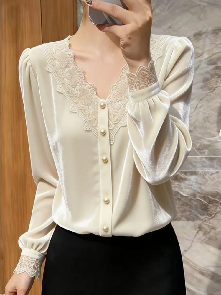 Velvet Lace Patchwork Women's Blouse V-neck Pearl Detail Long Sleeve Elegant Solid Color Fashion Top for Ladies