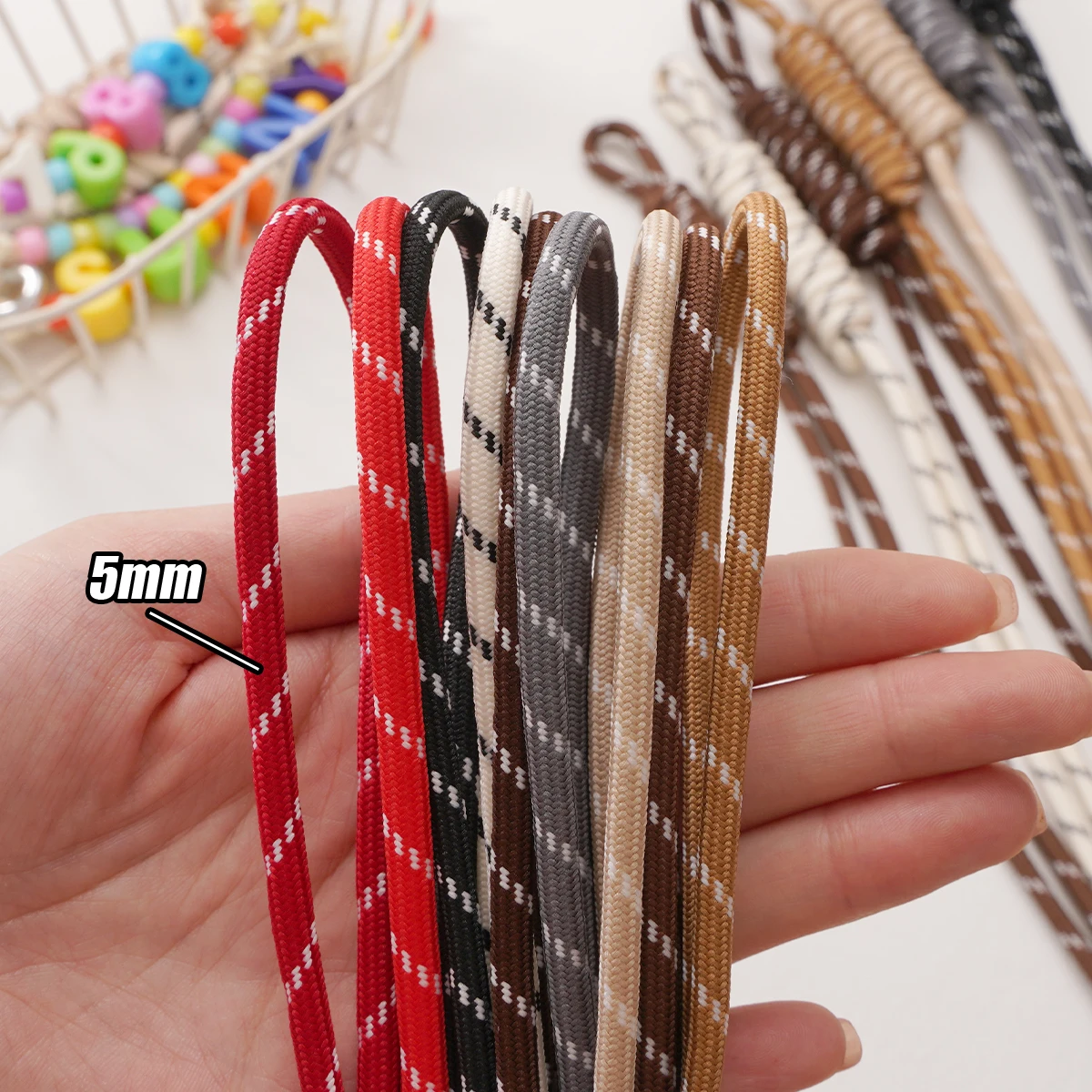  Neue Farben Geflochtene Polyesterkordel 5M 5mm für DIY-Perlenarbeiten, Handy-Lanyard, Schmuckherstellung, Zubehör, handgemachtes Seil, Großhandel, Farbe – Detail 3