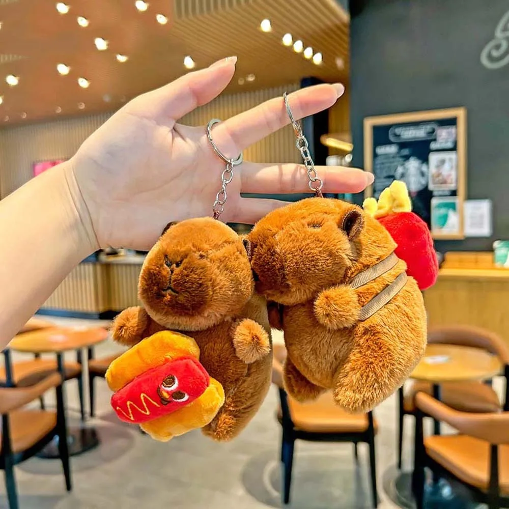 สีน้ําตาลนุ่ม Capybara Key แหวนตลกแฮมเบอร์เกอร์ตุ๊กตาสัตว์จี้ Toast French Fries การ์ตูนตุ๊กตาพวงกุญแจกระเป๋าจี้
