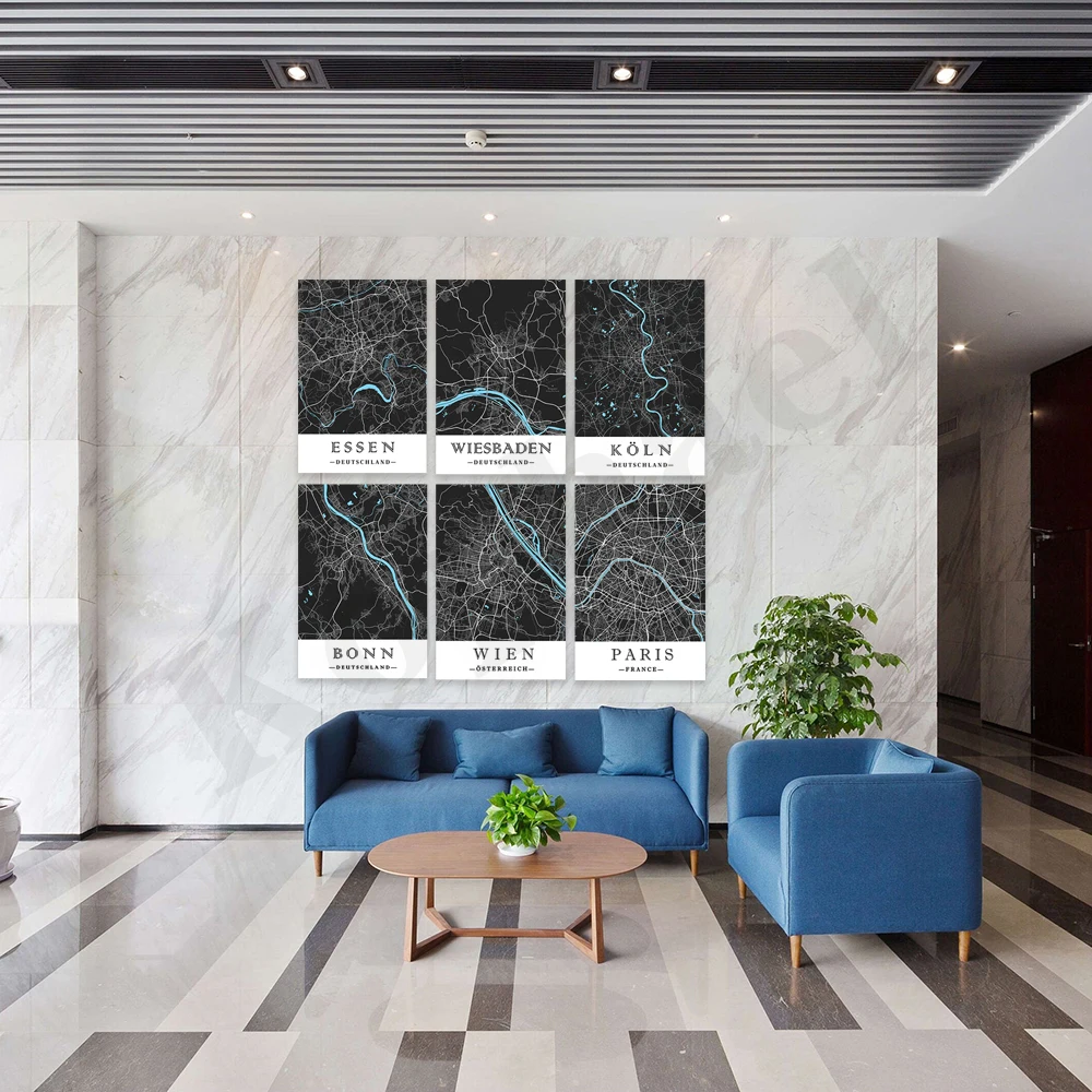 مونيستر باريس فيينا بون نورمبرج كولونيا كارلسروهي هانوفر أوغسبورغ ويسبادين إيسن. خريطة المدينة. ملصق فني لتزيين جدران المنزل