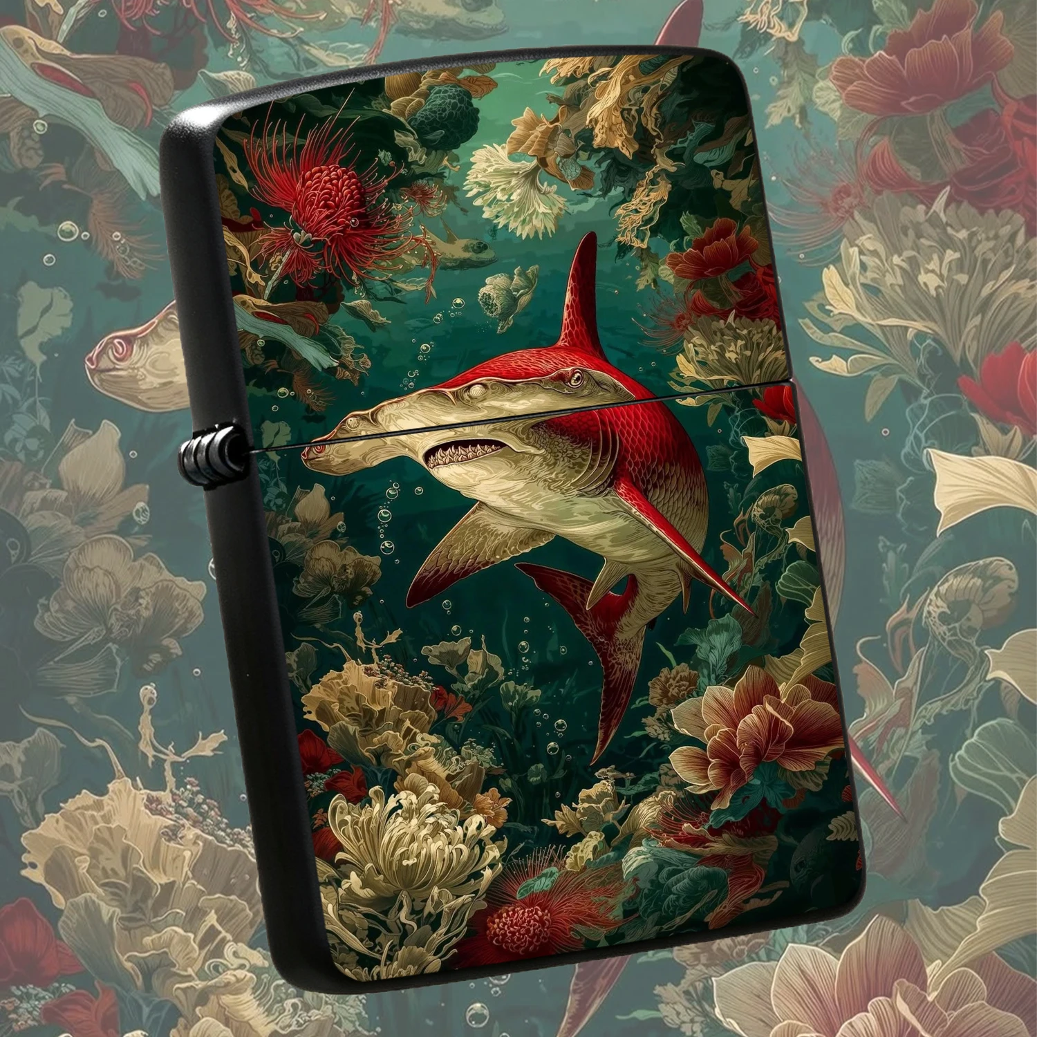 Creative Red Hammerhead Shark Pattern Lighter, Retro Deep Sea Floral Art Stylish Portable Ignition Device, Exquisite Decorative Practical Tool For Daily Outdoor Use, Unique Aesthetic Present For All Scenarios A Humorous And Interesting Ligh