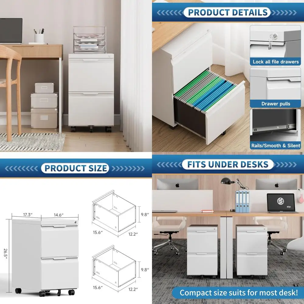 

White Mobile 2-Drawer File Cabinet with Lock, Rolling Storage for Home Office, Suitable for Legal/Letter/A4 Files