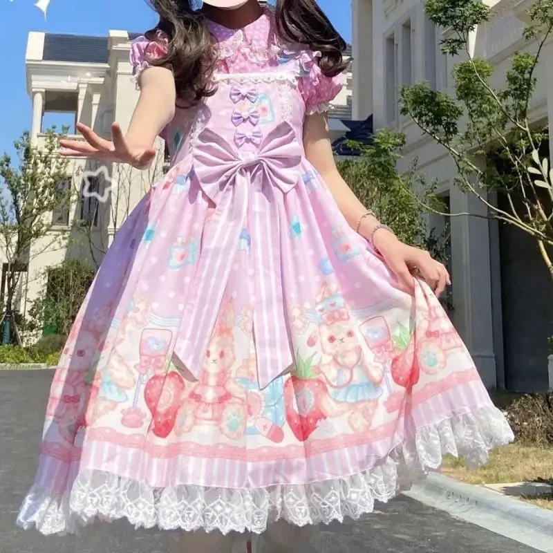 Japonês Harajuku Sonho JSK Lolita Vestido, Gato bonito Imprimir Bow Strap Dresses, Doce Princesa Mini Camisola, Kawaii