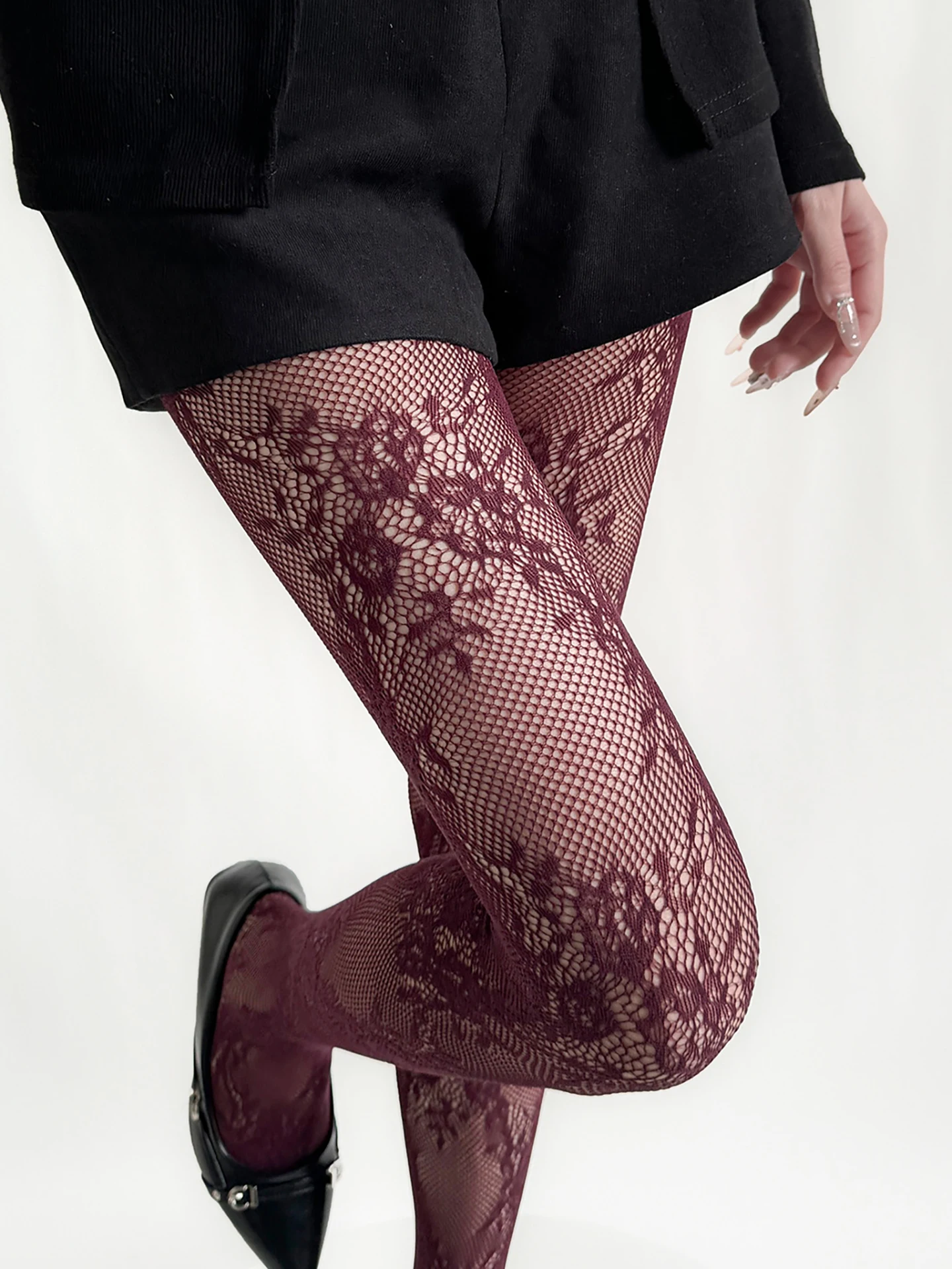 Red Lace Floral Embroidery Hollow Y2K Fishing Net Stockings Sexy Anti-Catch White Silk Base Pantyhose Women's Underwear