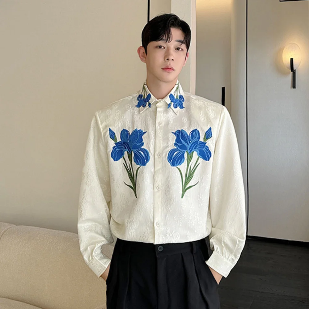 Embroidery Long Sleeve Flower Shirt Men Korean Streetwear Fashion Show Loose Casual Net Celebrity Shirts Blouses Stage Clothing