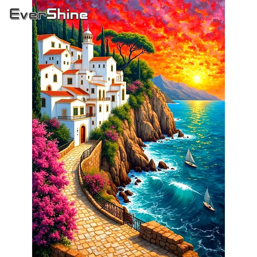 EverShine Diamant-Stickerei, Landschaft, Küstenbild, Strass-Mosaik, Haus, vollständiges quadratisches Bohrbild, Baum-Dekoration für Zuhause