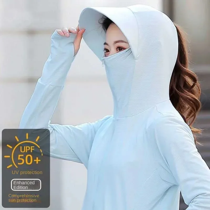 Women\'s Sunscreen Clothes 2024 New Jacket with Hood and Hat UV Protection Coat for Cycling Ice Silk Thin