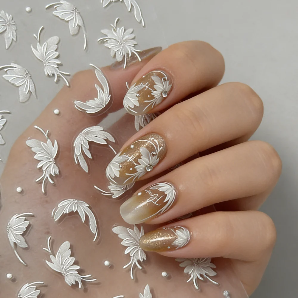 1Pcs 5D Embossed Japanese Style Dahlia Nail Art Stickers Fresh White Floral & Spot Nail Decals Adhesive Flower Nail Slider Decor
