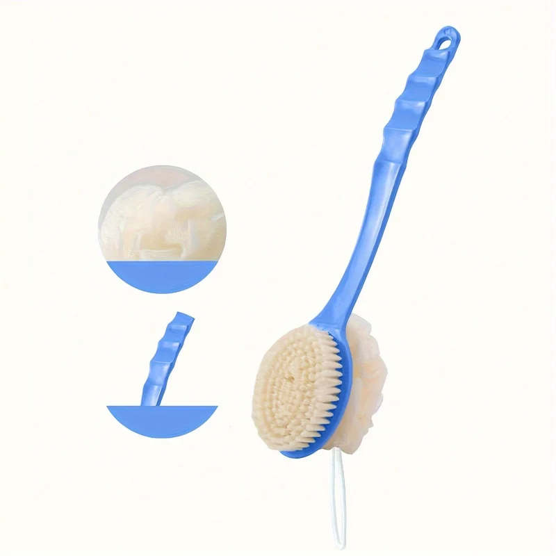 1 soft loofah brush and bristle bath body brush with curved long handle - odorless, manual exfoliating scrub suitable for full