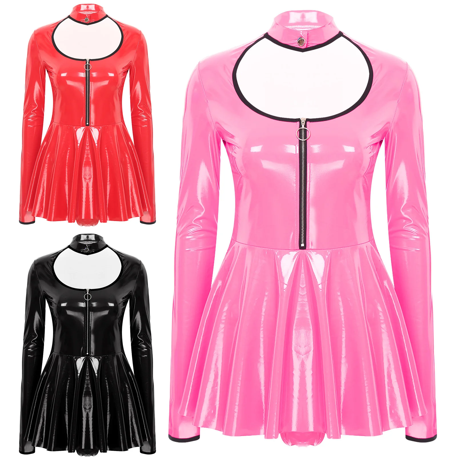 Women Wet Look Patent Leather Slim Fit Dress Mock Neck Long Sleeve Cocktail Party Leotard Dress Glossy Metallic Lingerie Costume