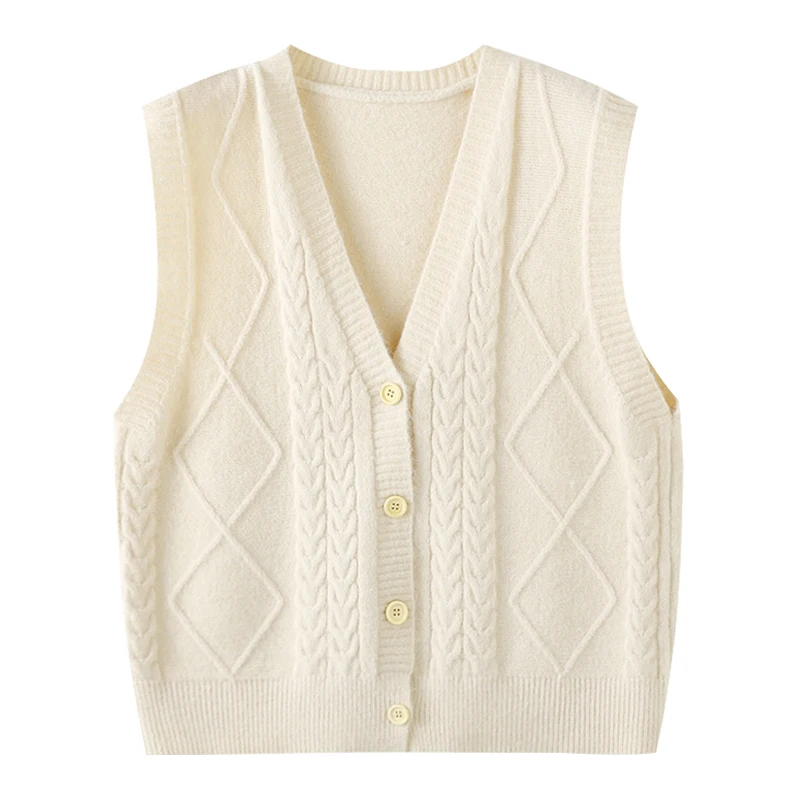 ABRINI Women Preppy Style Single Breasted V-neck Knit Vest Fall Solid Sweet Cardigan Vest Winter Loose Sleeveless Sweater Coat