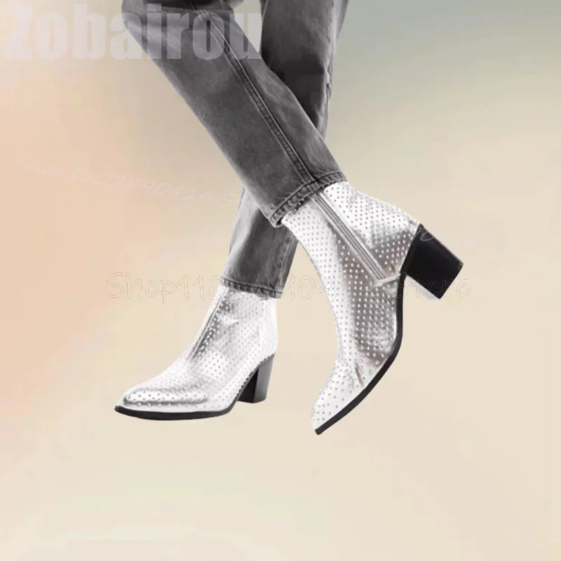 Silver Rivets Decor Pointed Toe High Heel Boots Fashion Side Zipper Men Boots Luxurious Handmade Party Banquet Men Dress Shoes