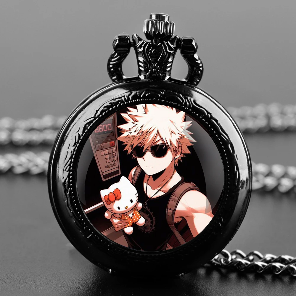 Exquisite Anime Bakugou Katsuki Glass Dome Quartz Pocket Watch Arabic numeral Necklace Pendant Gifts For Women Man with Chain