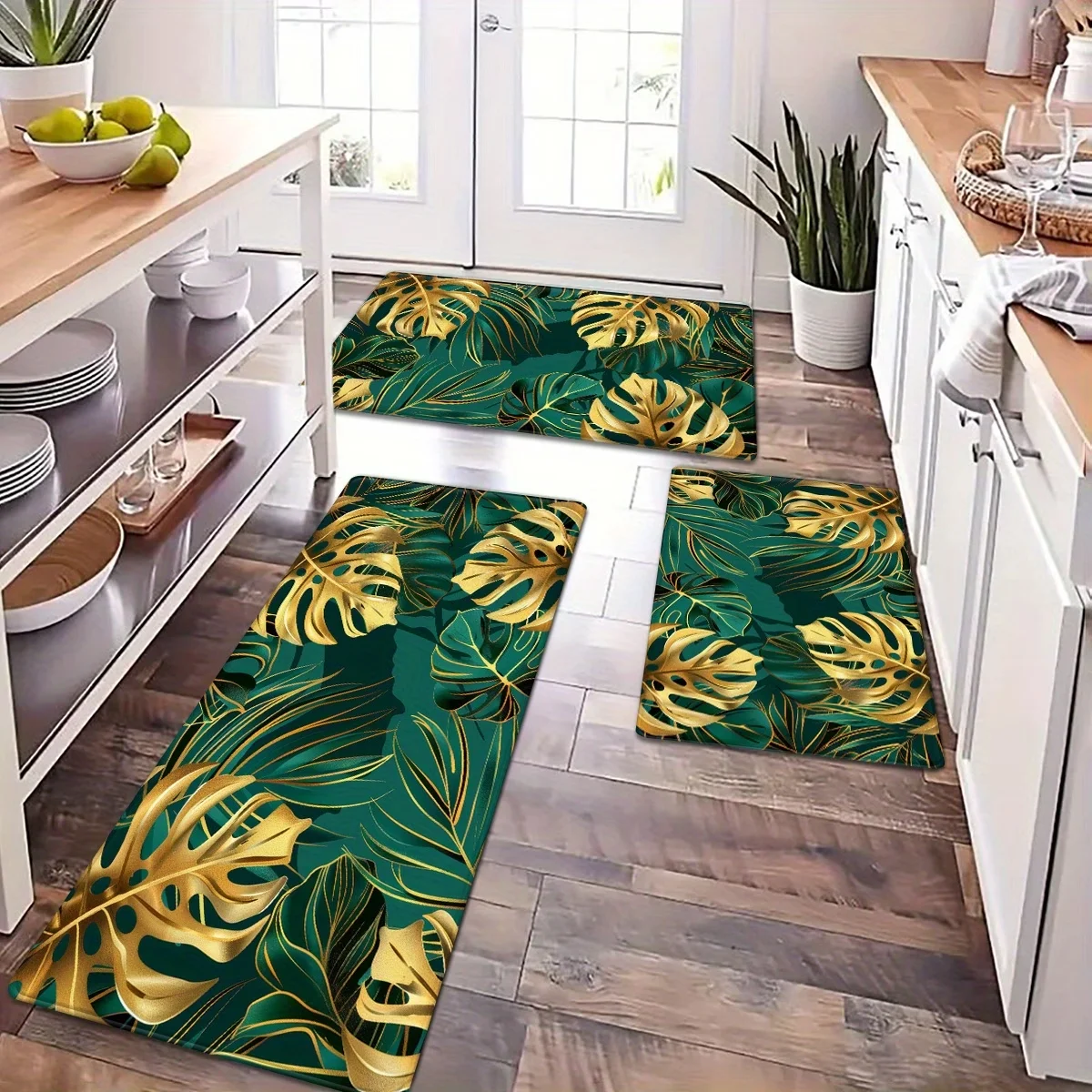 Nordic Botanical Leaf Kitchen Mat Non Slip Luxury Green Gold Palm Pattern Floor Rug Washable Decorative Runner for Hallway Rug