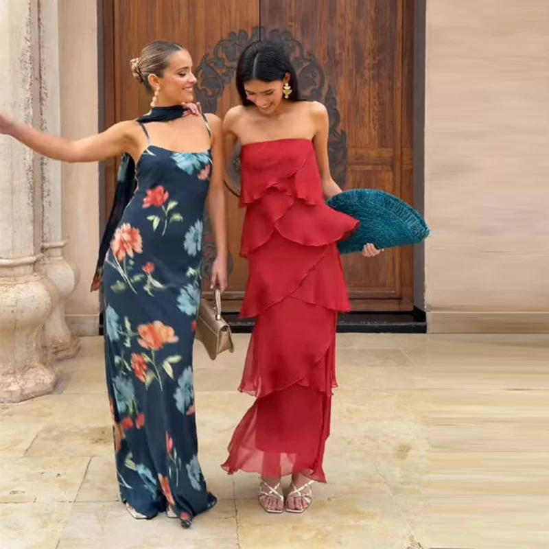 Damen Patchwork Trägerloses Maxikleid Ärmellos mit Rüschensaum und Schal Schnürkleider 2026 Sommer Elegantes Abendkleid für Damen – Detail 5