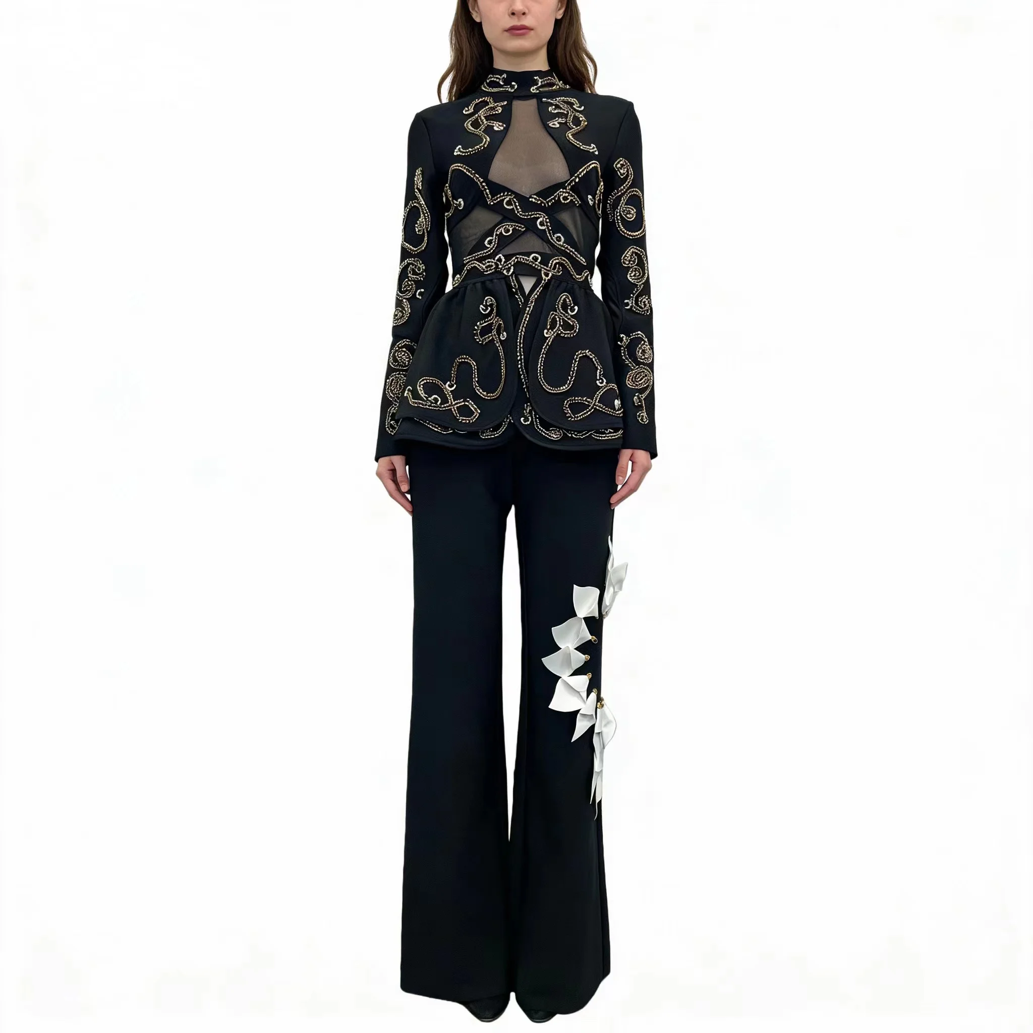 

Luxurious Heavy-Duty Diamond-Encrusted Sexy See-through Mesh Top with Elegantly Slim Straight-leg Pants Ensemble