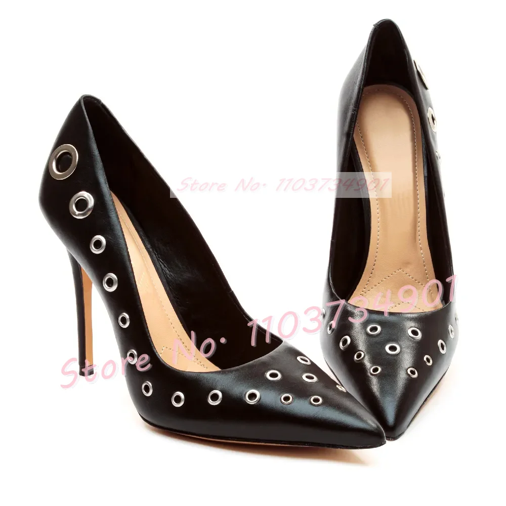 Black Pointed Toe Metal Eyelets Pumps Women Stylish Casual Stiletto High Heels Evening Shoes Office Ladies Big Size White Pumps