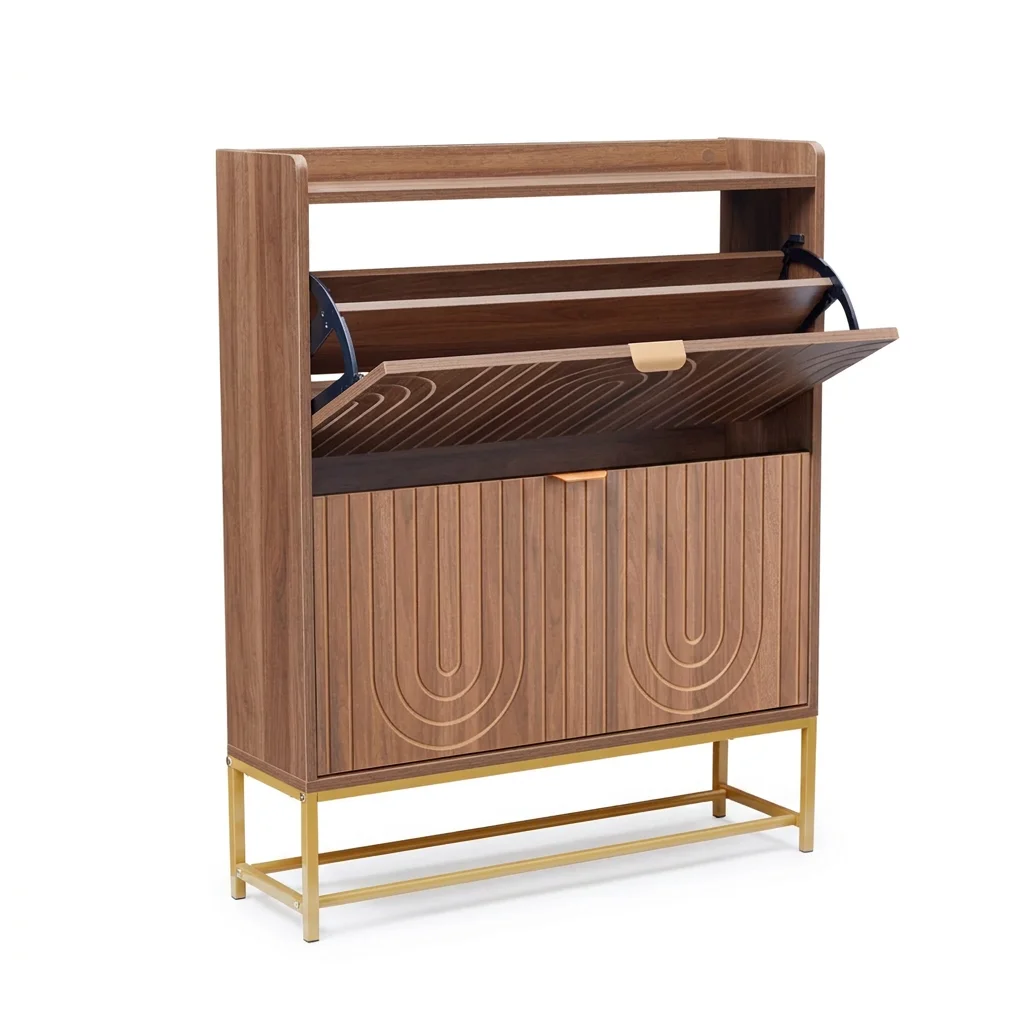 

xx-Modern Carved Line Design Wood Shoe Cabinet 2 Flip Drawers Fence on Top Wood Shoe Cabinet Iron Bottom Storage Wood Shoe Rack*