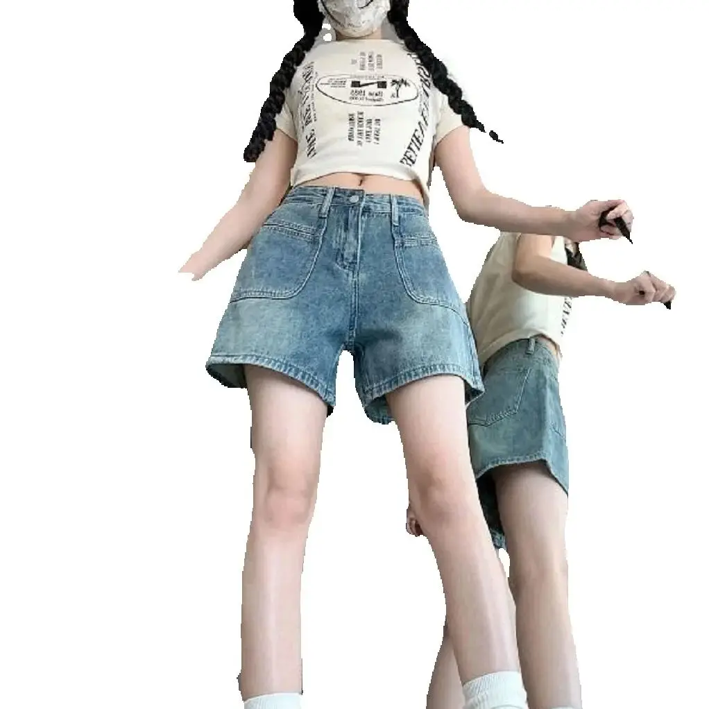 Light Color Retro A-Line Wide-Leg Denim Shorts Women Summer New Niche Design Thin High Waist Slim Loose Pants