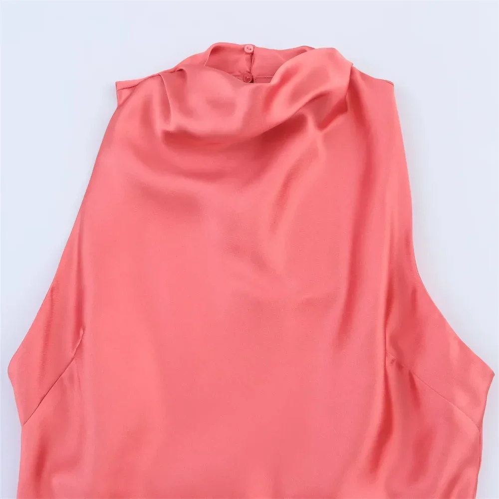 Summer New Arrivals Women's Sleeveless Temperament Straight Pure Color Satin Textured Midi Dress