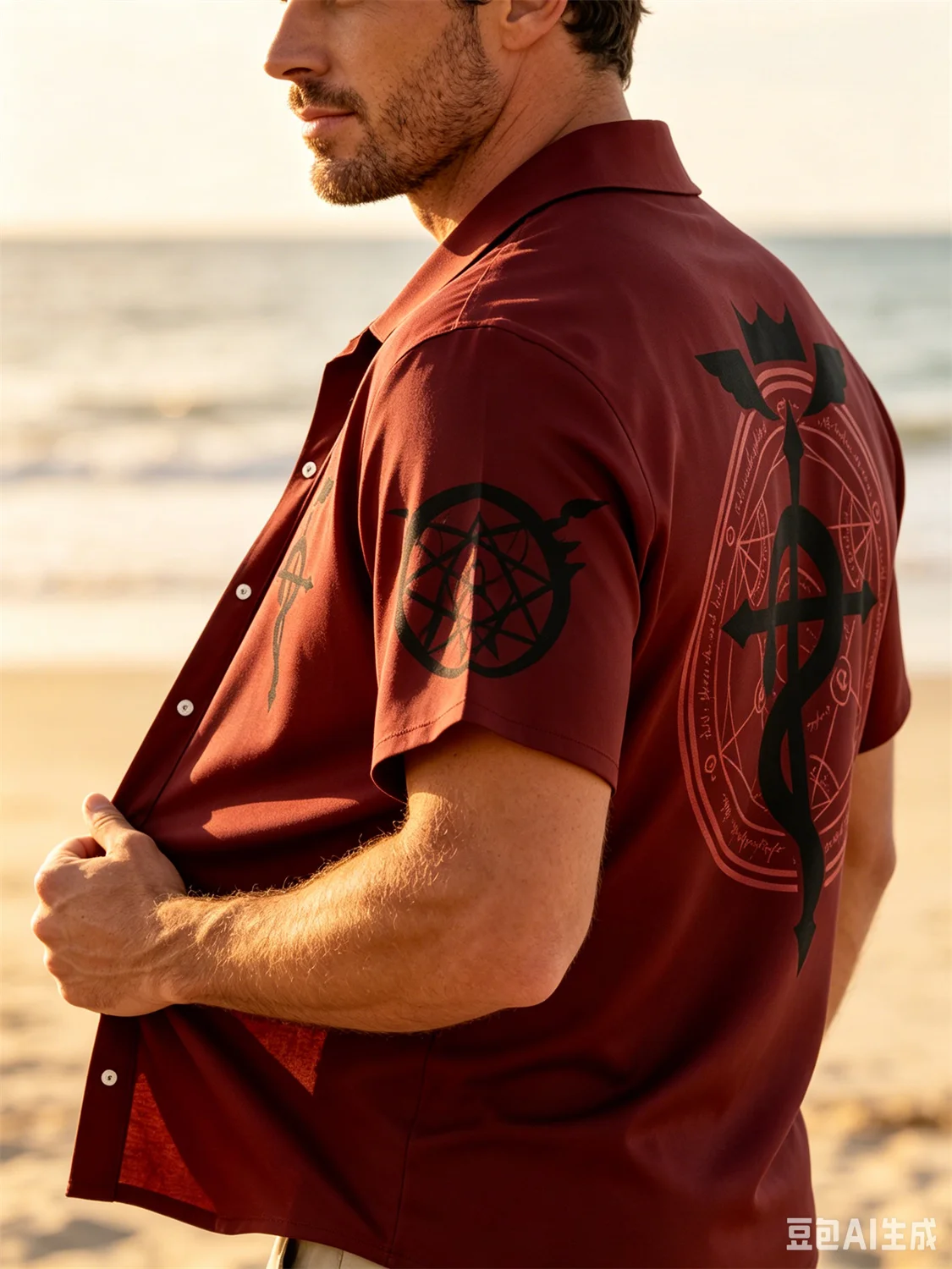 Fullmetal Alchemist Flamel Cross Logo Print Men Burgundy Hawaiian Short Sleeve Camp Collar Anime Casual Beach Button Shirt