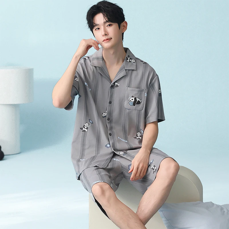 MiiOW Pure Cotton Short Sleeve Sleepwear Men's Summer Homewear Man Large Size Shorts Simple Youth Style Men 2 Piece Set Pajamas