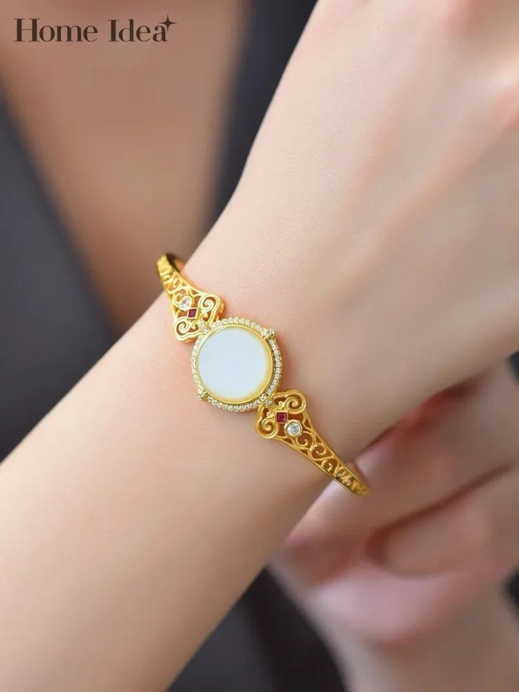 

S925 Sterling Silver Fine Jewelry Cuff Bracelet Designer Elegant Women Round Natural Jade Bracelet