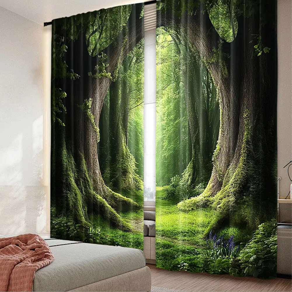 2Pcs Green Forest Curtain Tropical Old Tree Deep Jungle Rainforest Nature Landscape Aesthetic Curtains Suitable For Bedroom