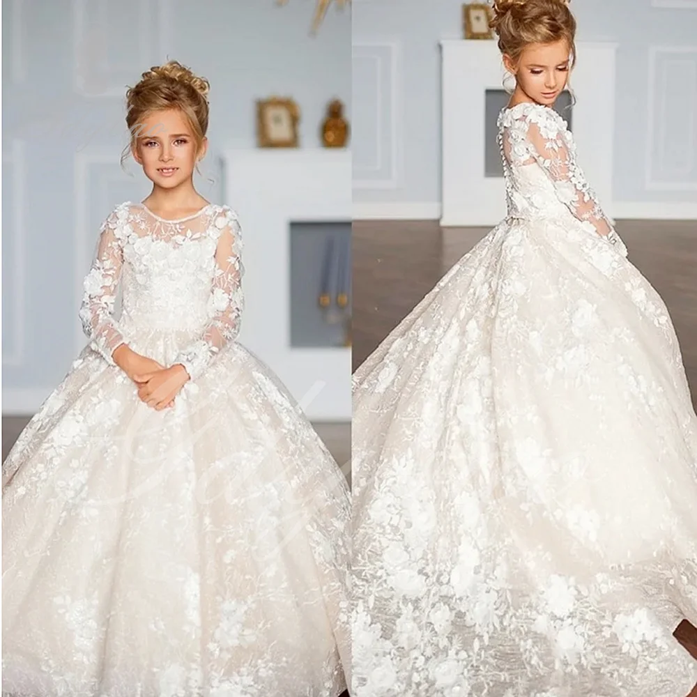 Luxurious Ivory Long Sleeve Flower Girl Dresses For Wedding Prom Party Girls Pageant Gowns Lace Floral Appliques