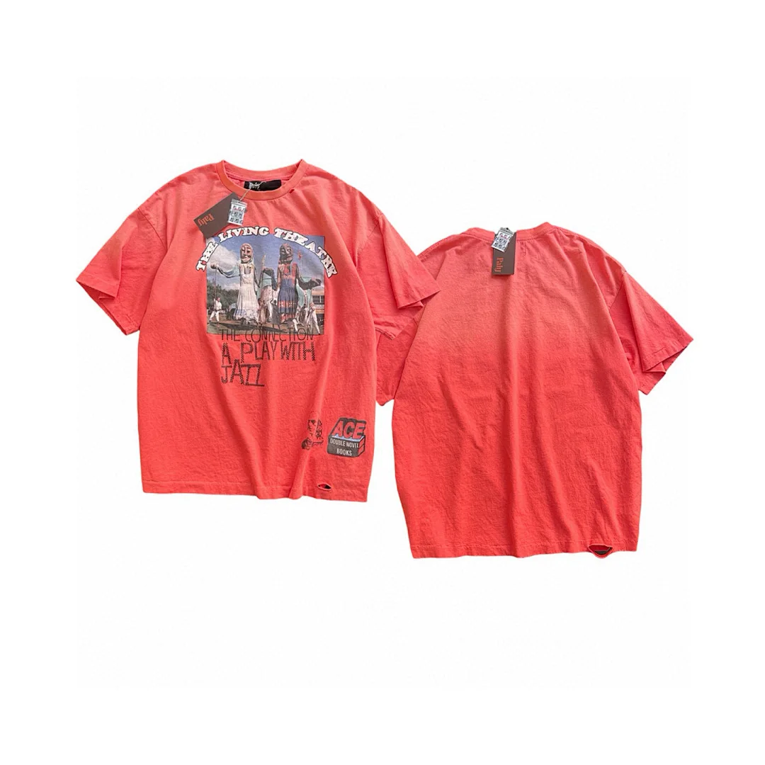 26SS Oversized Ripped Distressed T Shirts Vintage Print Washed Coral Cotton Short Sleeve Streetwear Men Casual Tees