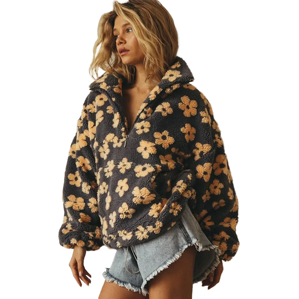 Women's Oversized 3D Floral Fleece Sweatshirt  Autumn Winter Y2K Harajuku Half Zip High Neck Thick Warm Plush Print Pullover
